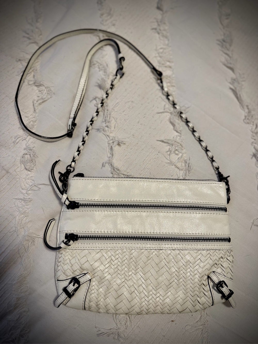 Elliott Lucca White Woven Leather Crossbody with Chain-Trim Strap